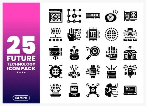 Future technology glyph icons on white background Illustrazione stock