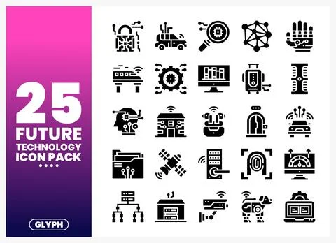 Future technology glyph icons on a white background with a gradient pink to.. Stock Illustration