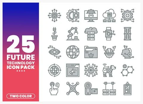 Future Technology Icon Pack with AI. robots. and circuits Stock Illustration