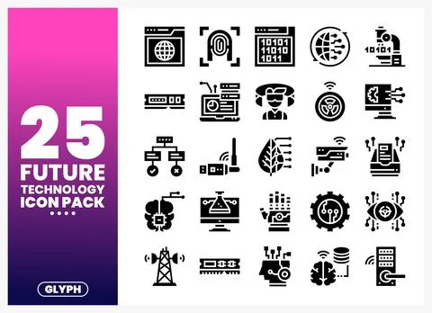 Future technology icon pack with glyphs on a white background. 库存插图