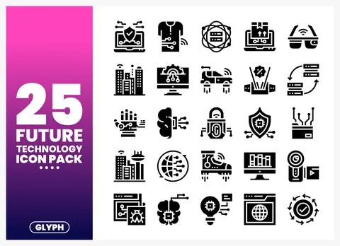 Future technology icons in black glyphs on white background. digital interf.. Stock Illustration