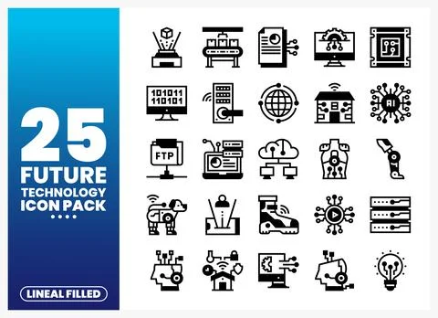 Future technology icons displayed on a blue gradient background with FUTURE.. Stock Illustration