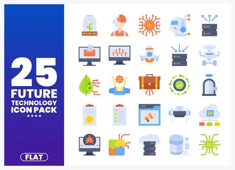 Future technology icons in a flat design pack on a white background 库存插图