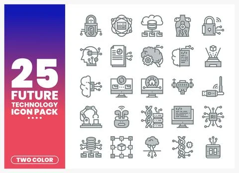 Future Technology Icons pack with brain. AI. and data elements Stock-Illustration