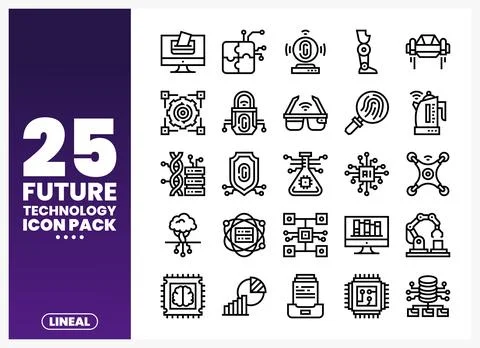Future technology icons pack collection of diverse linear icons on a white .. Stock Illustration