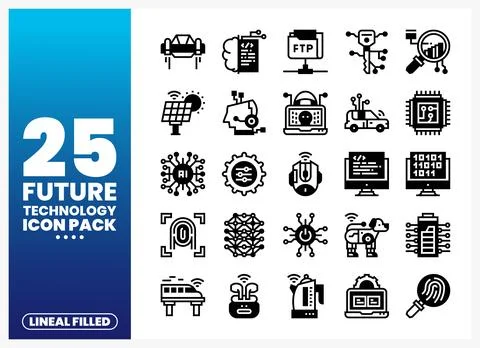 Future technology icons presented in a grid layout on a white background. 库存插图