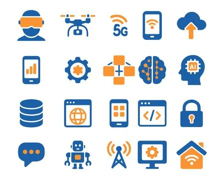Future Technology Icons Set: Virtual Reality, Drone, 5G, Mobile, Cloud, Gea.. Stock Illustration