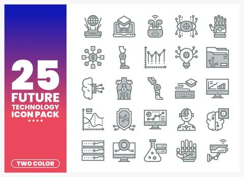 Future technology icons in a two-color pack on a clean background. Stock Illustration