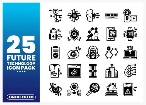 Future Technology Lineal Filled Icons on White Background Stock Illustration