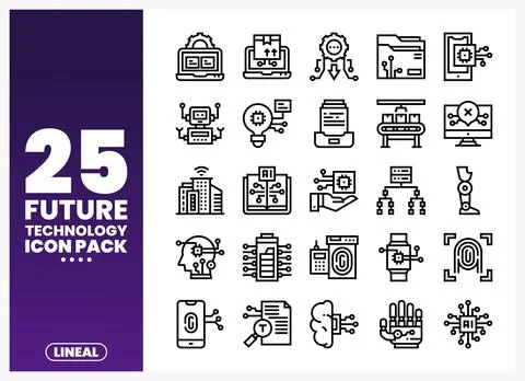 Future technology linear icons in a grid. representing AI. robotics. and di.. Stock Illustration