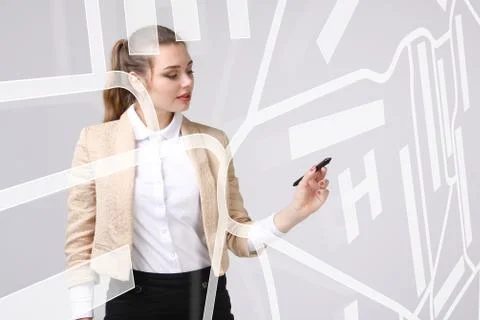 Future technology, navigation, location concept. Woman showing transparent Stock Photos