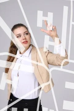 Future technology, navigation, location concept. Woman showing transparent Stock Photos