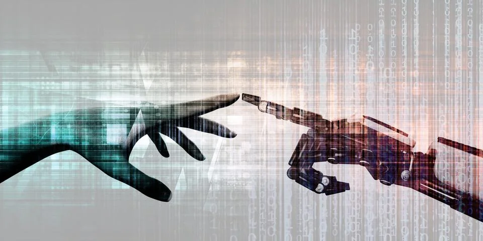 Future Technology Partnership Between Man and Machine Stock Photos