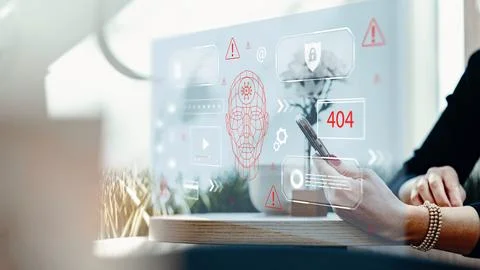 Future technology shows deep fake detection while a person uses a smartphone in Stock Photos