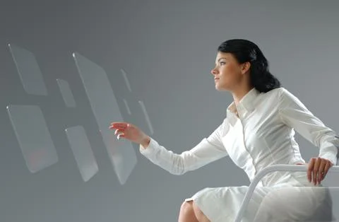 Future technology touchscreen interface. girl touching transparent screen Stock Illustration