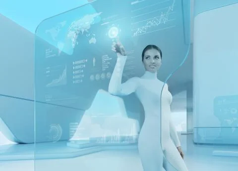 Future technology touchscreen interface. girl touching screen interface Illustrazione stock