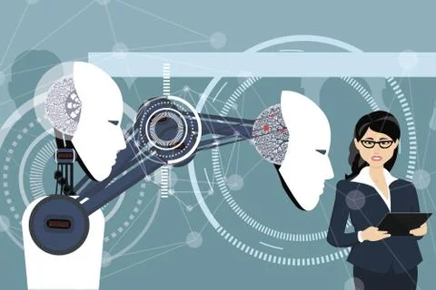 Future. They control the robots remotely. Futuristic factory. Stock Illustration