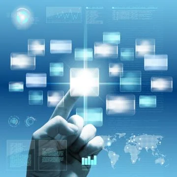 Future touchscreen interface with hand Stock Illustration