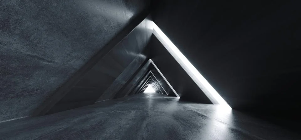 Future Triangle Concrete Block Asphalt Side Window Glowing Dark Realistic Cor Ilustração Stock