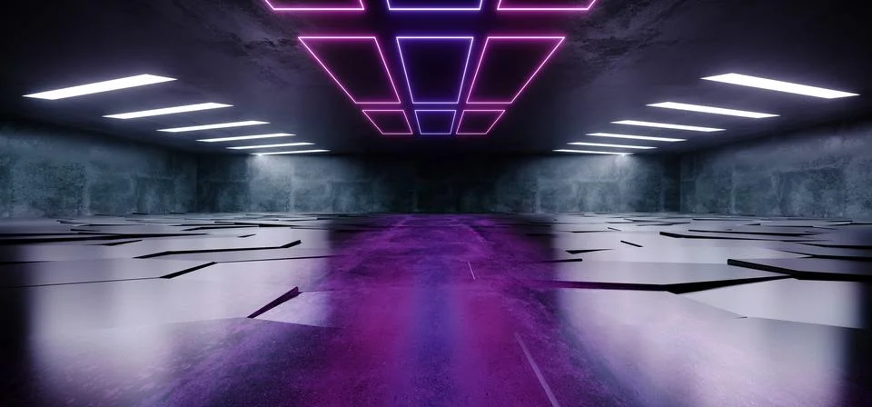 Future Underground Neon Glowing Laser Blue Purple Lights  Garage Tunnel Studi Stock Illustration