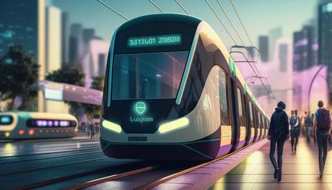 Future Urban Mobility: Trams, Subways, and Metro in a Futuristic Cityscape Stock Illustration