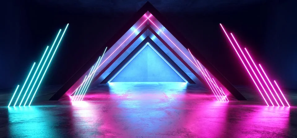 Future Virtual Neon Glowing Lights Purple Blue Triangle Shape Construction St Illustrazione stock