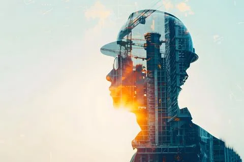 Future vision: engineer with cityscape overlay Stock Photos