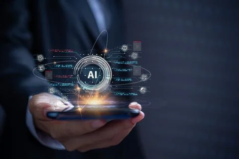 Future world driven by the power of artificial intelligence via mobile AI p.. Foto stock
