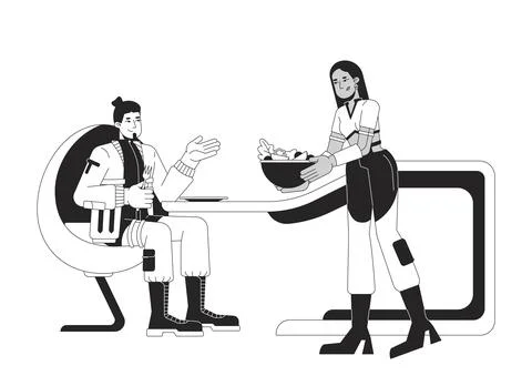 Futurism dining table couple interracial black and white 2D line characters イラスト素材