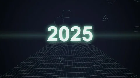 Futuristic 2025 Year Digital Grid Road with Geometric Shapes Background Stock Footage 348571827