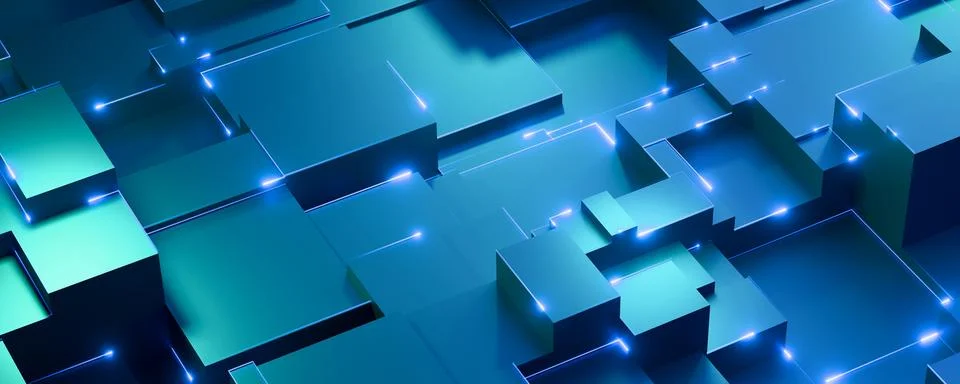 Futuristic 3D Abstract Tech Background with Blue Cubes Illustrazione stock