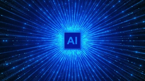 Futuristic 3D AI chip glowing neon blue data streams. Symbolizes rapid data Stock Footage 314199325