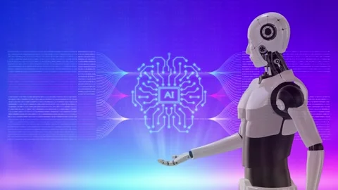 Futuristic 3D AI robot surrounded by holographic circuit patterns, Stock Footage 341842841