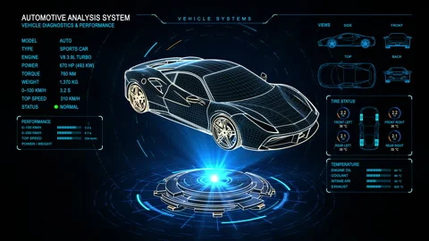 Futuristic 3D automotive interface featuring a sports car Stock Footage 347266694