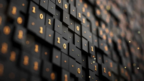 Futuristic 3D binary code loop on a fragmented cube surface. Stock Footage 348019039
