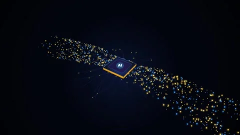 Futuristic 3D CPU Microchip and Shimmering Data Particle Stream Stock Footage 343803588
