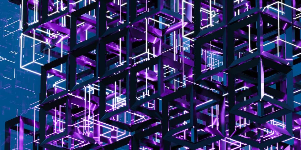 Futuristic 3D Cube Structure with Purple Lights 3d render wallpaper background 스톡 일러스트