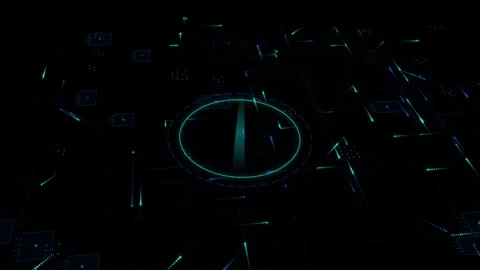 Futuristic 3D Cyber Radar Dial and Digital Motherboard Circuit Overlay Stock Footage 343803567