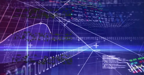 Futuristic 3D data interface showing flowing line graphs and binary streams Stock Footage 307434363
