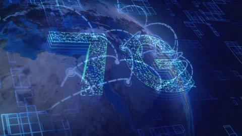 Futuristic 3D Digital 7G Network Text Over Earth Globe with Cyber Grid Видео 336478438