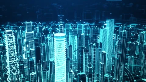 Futuristic 3D Digital City Wireframe Glowing Blue Smart Metropolis Loop Vidéo 344239588