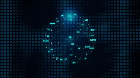 Futuristic 3D digital sphere animation, global plexus network node loop Видео 344232485