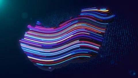 Futuristic 3D Extruded Hungary Map Abstract Glowing Neon Digital Technology.. Stock Illustration