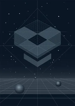 Futuristic 3D Geometric Cube with Digital Grid and Space Background Illustrazione stock