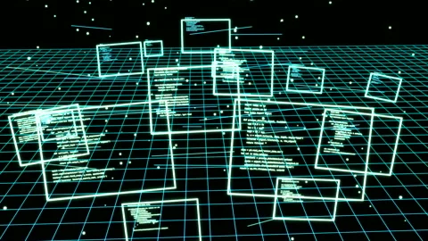 Futuristic 3D Grid Animation with Floating Digital Code Screens in Virtual Space Stock Footage 334559739