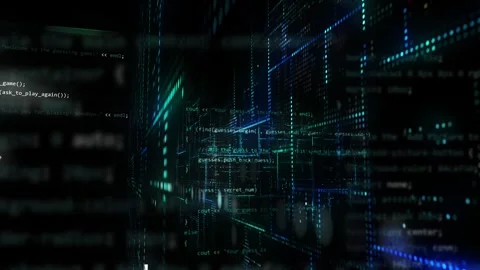 Futuristic 3d grid animation with programming code and electrical dots Stock Footage 282476648