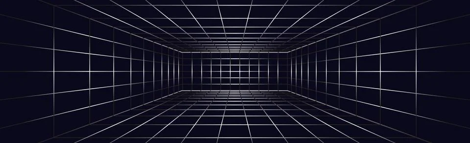 Futuristic 3D grid room with perspective wireframe lines. White grid on black bg Stockillustratie