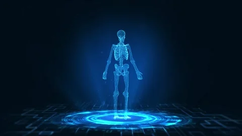 Futuristic 3D Hologram of a Human Skeleton Against a Digital Backdrop Stock Footage 339052795