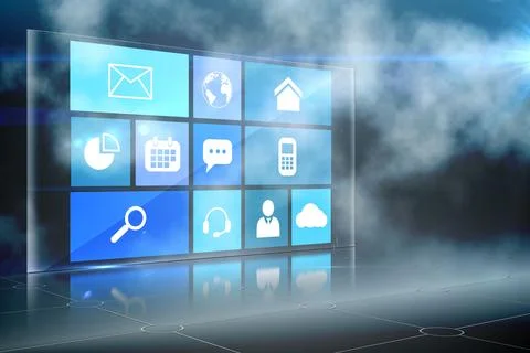 Futuristic 3D holographic panel is hovering above grid floor with mist, Foto stock