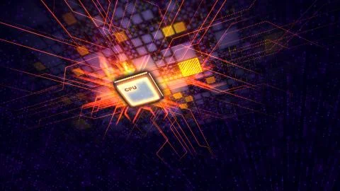 A futuristic 3d illustration of a square CPU screen forming a powerful black  Stock Illustration